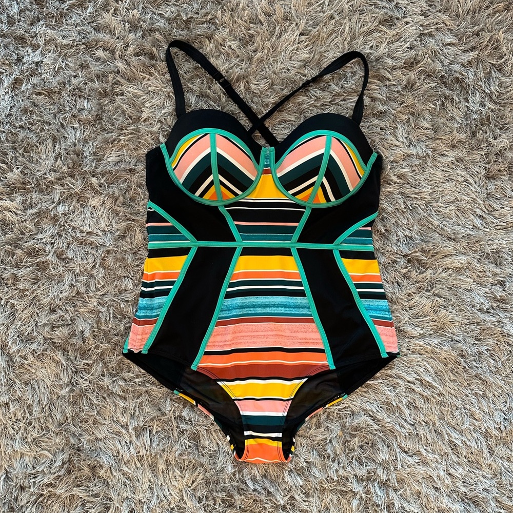 Multi-Colored Geometric Striped One Piece Bathing Suit - Torrid